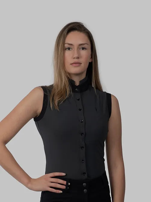 Aviar Sleeveless Button Ruffle Shirt in Anthracite with Black Details
