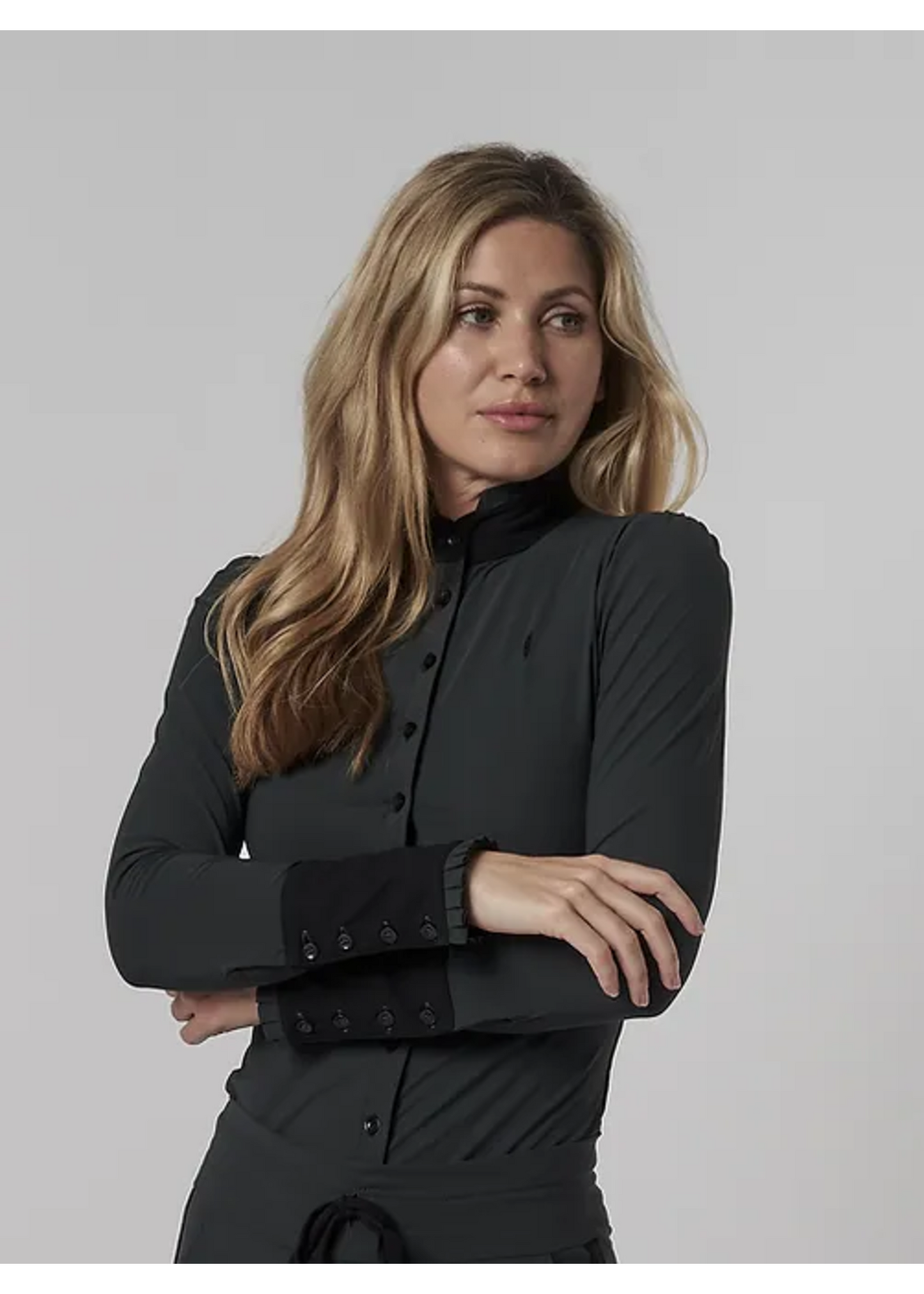 Aviar Long Sleeve Button Ruffle Shirt in Anthracite with Black Details