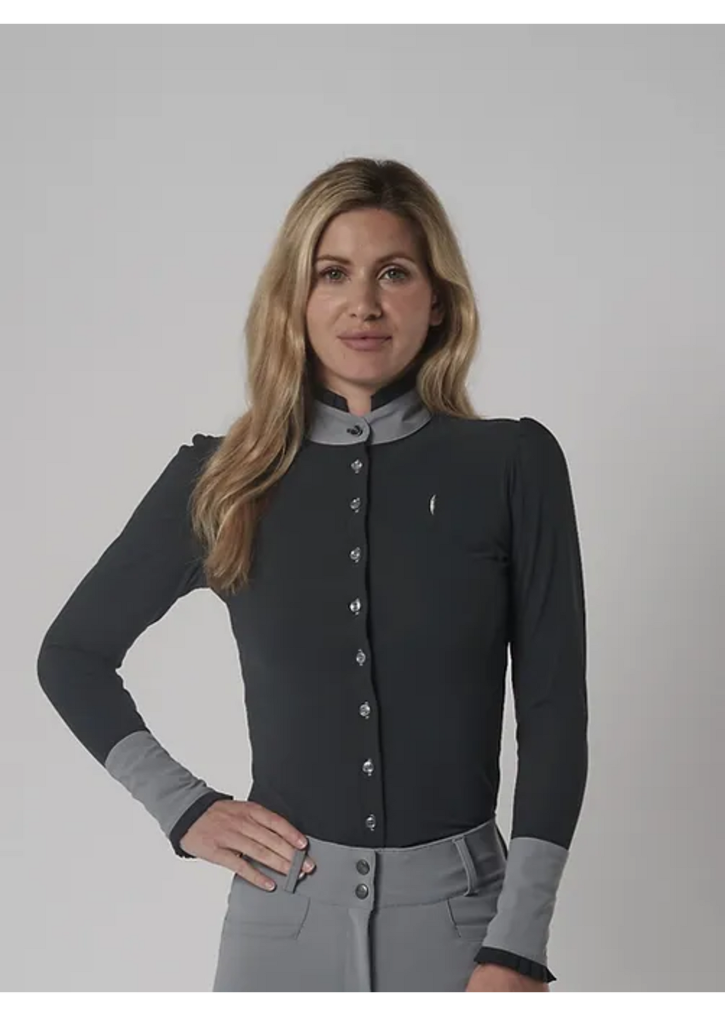 Aviar Long Sleeve Button Ruffle Shirt in Anthracite with Grey Details