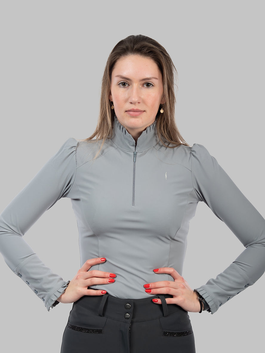 Aviar Long Sleeve Button Ruffle Shirt in Grey
