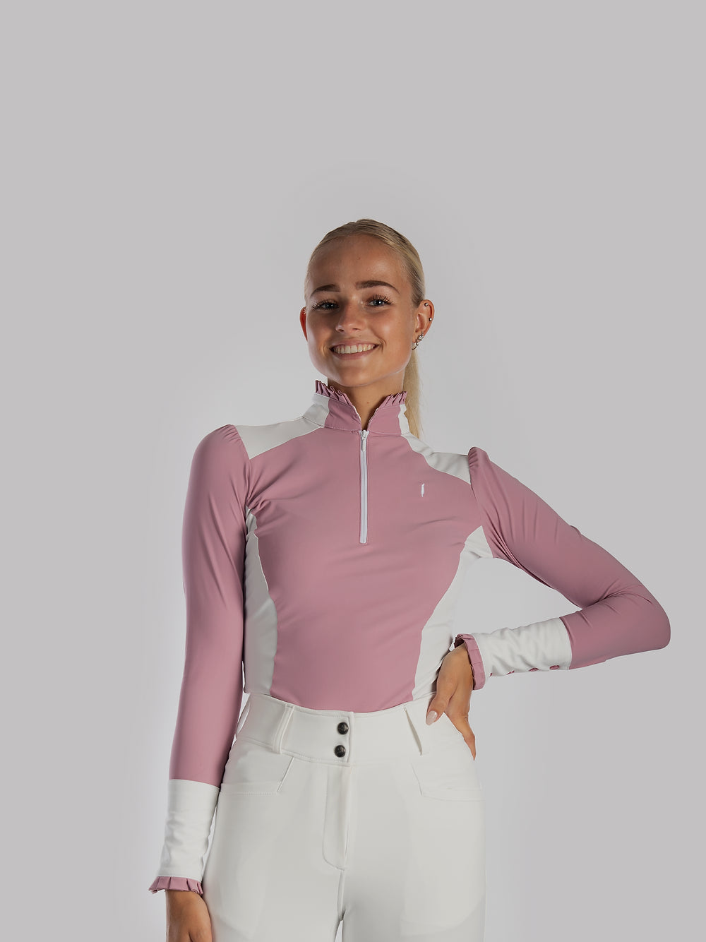 Aviar Long Sleeve Zip-up Ruffle Shirt in Pink with White Details