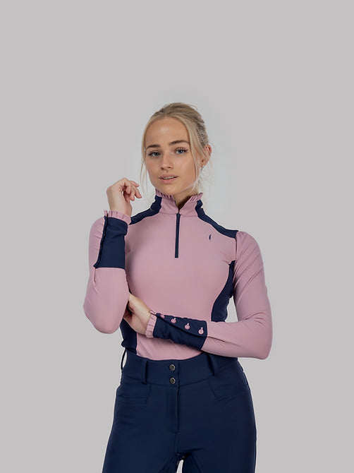 Aviar Long Sleeve Zip-up Ruffle Shirt in Pink with Navy Details
