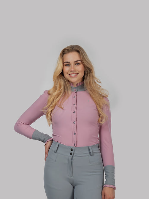 Aviar Long Sleeve Button Ruffle Shirt in Pink with Grey Details