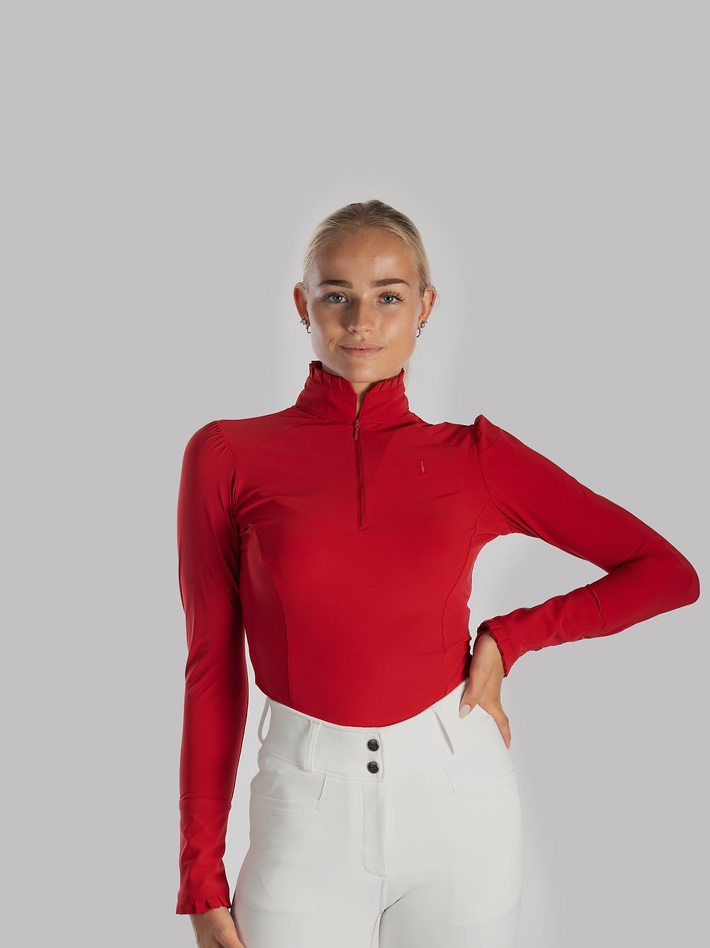 Aviar Long Sleeve Zip-up Ruffle Shirt in Red