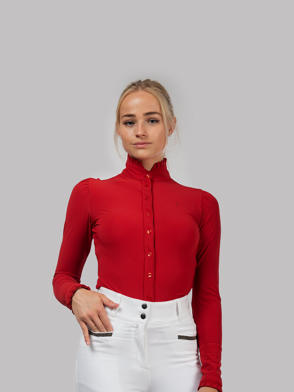 Aviar Long Sleeve Button Ruffle Shirt in Red