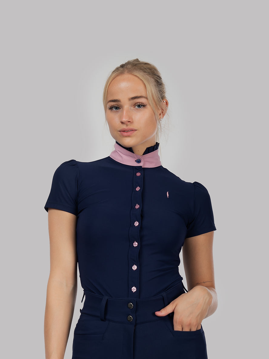 Aviar Short Sleeve Button Ruffle Shirt in Navy with Pink Details