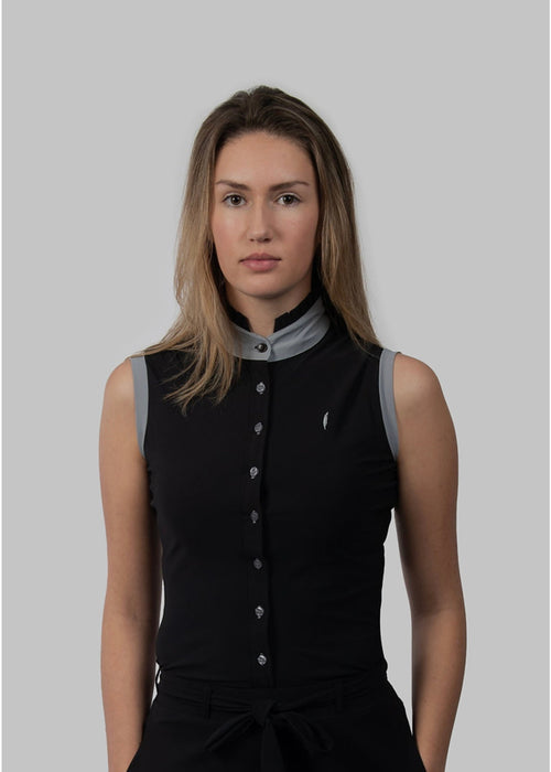 Aviar Sleeveless Button Ruffle Shirt in Black with Grey Details