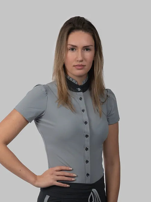 Aviar Short Sleeve Button Ruffle Shirt in Grey with Anthracite Details
