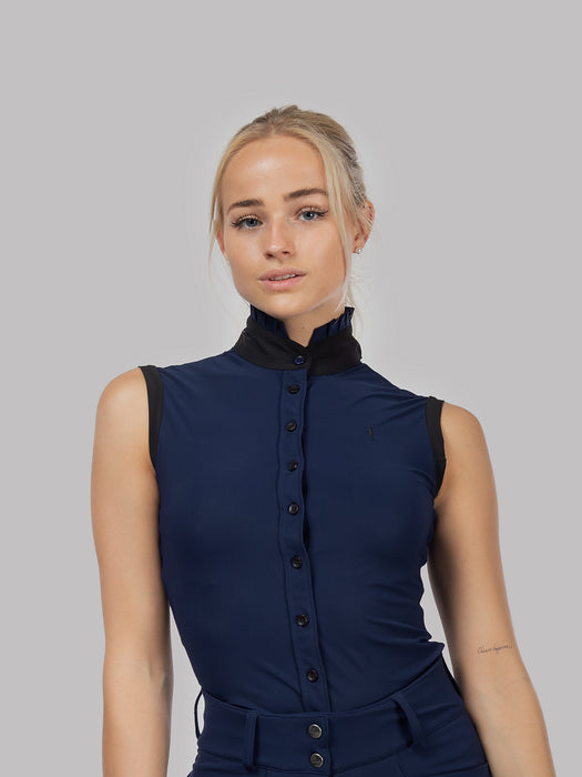 Aviar Sleeveless Button Ruffle Shirt in Navy with Black Details