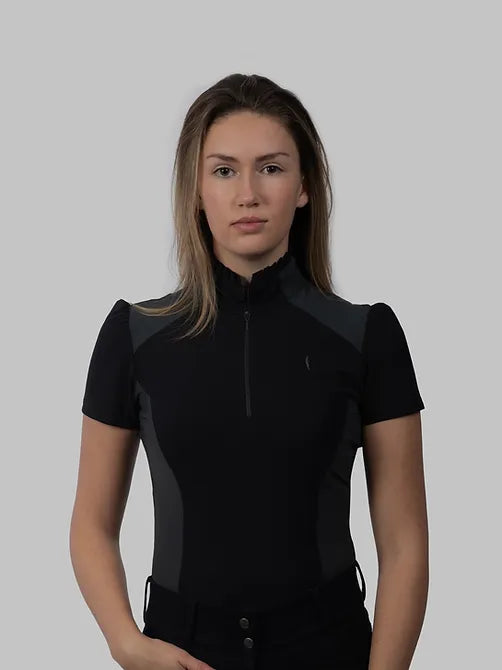 Aviar Short Sleeve Zip-up Ruffle Shirt in Black with Anthracite Details