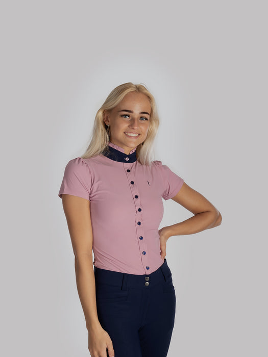 Aviar Short Sleeve Button Ruffle Shirt in Pink with Navy Details