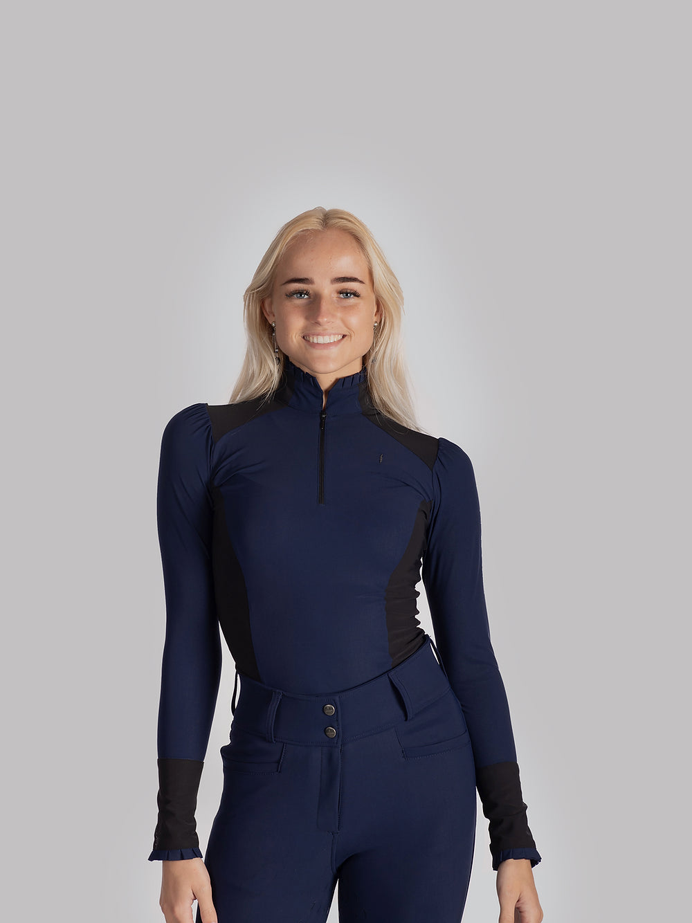 Aviar Long Sleeve Zip-up Ruffle Shirt in Navy with Black Details