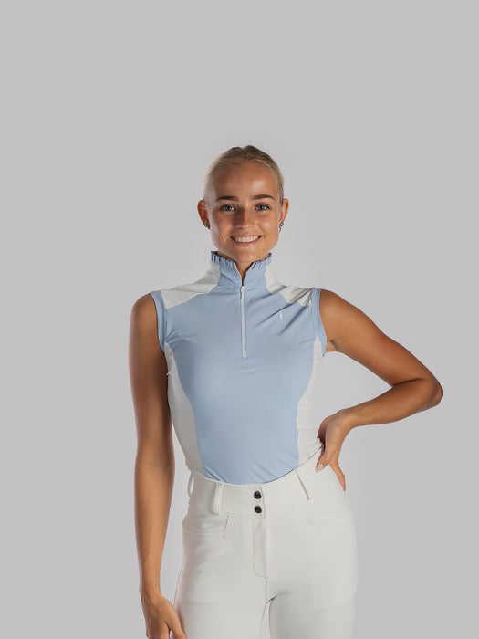 Aviar Sleeveless Zip-up Ruffle Shirt in Baby Blue with White Details