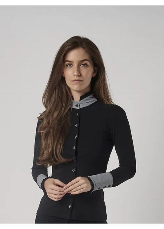 Aviar Long Sleeve Button Ruffle Shirt in Black with Grey Details