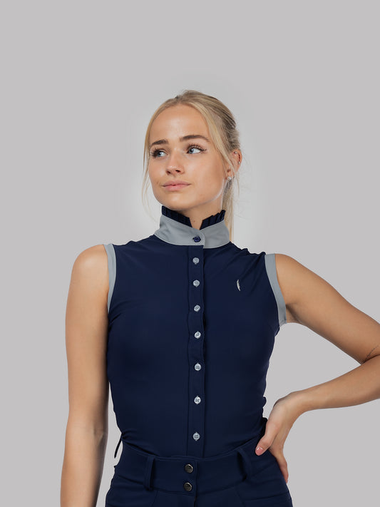 Aviar Sleeveless Button Ruffle Shirt in Navy with Grey Details