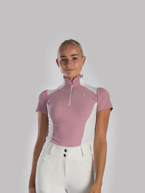 Aviar Short Sleeve Zip-up Ruffle Shirt in Pink with White Details