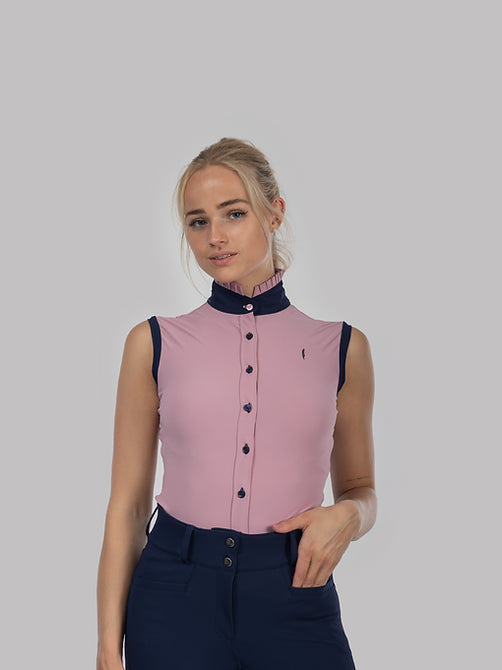 Aviar Sleeveless Button Ruffle Shirt in Pink Mauve with Navy Details