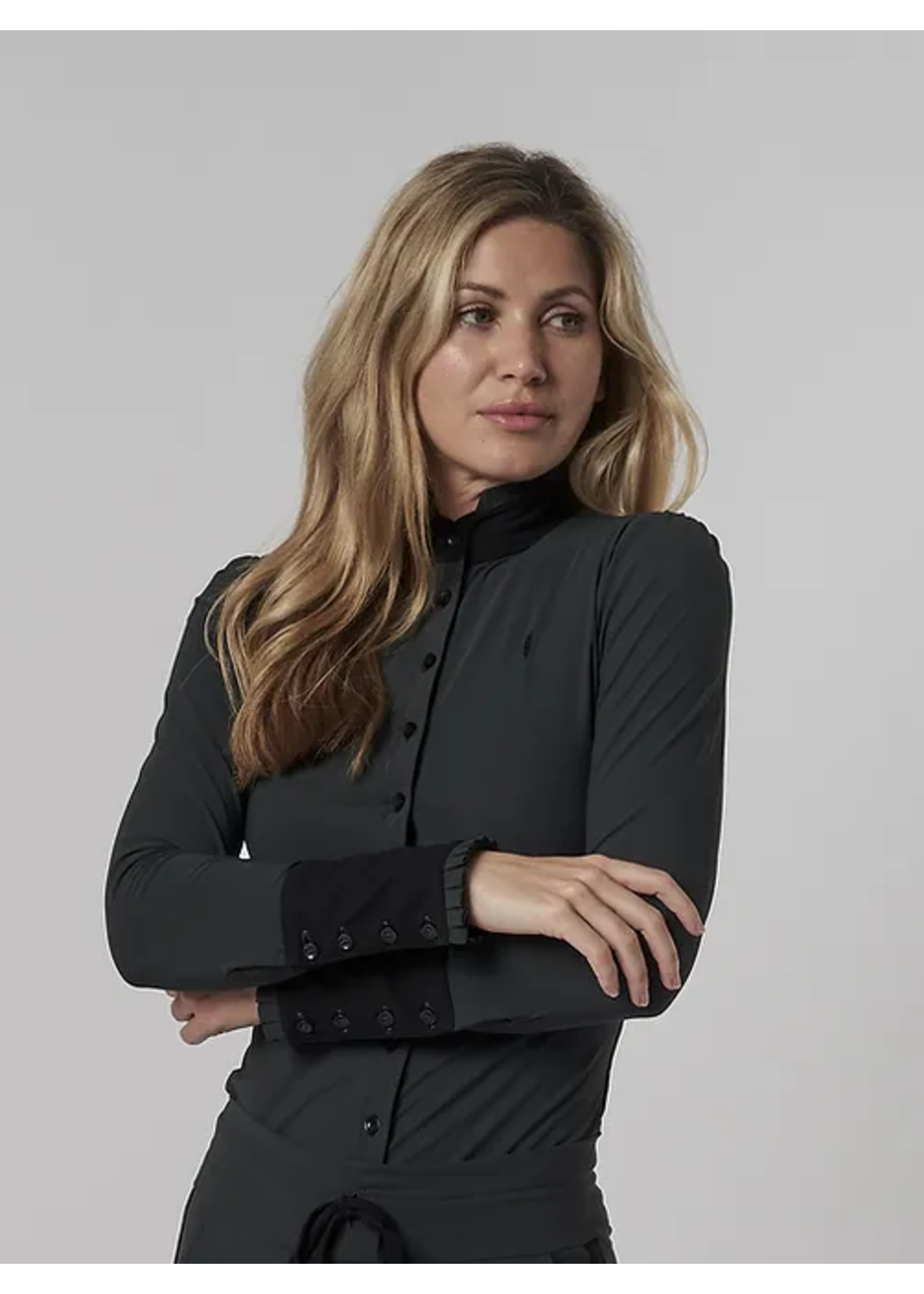 Aviar Long Sleeve Button Ruffle Shirt in Anthracite with Black Details