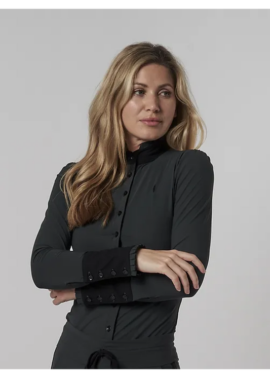 Aviar Long Sleeve Button Ruffle Shirt in Anthracite with Black Details