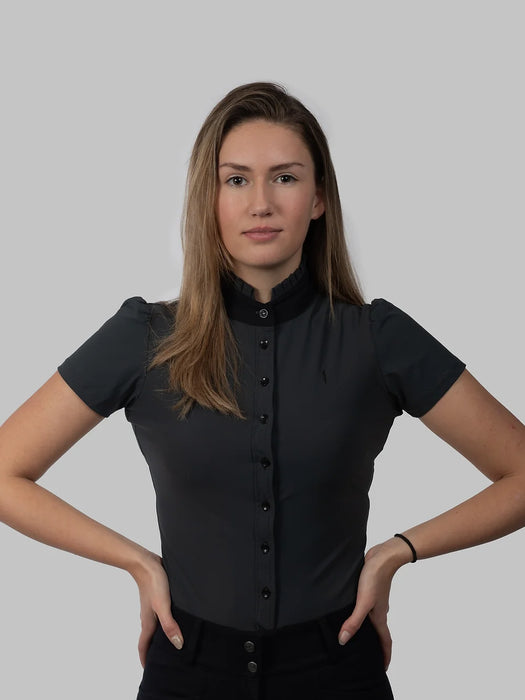 Aviar Short Sleeve Button Ruffle Shirt in Anthracite with Black Details