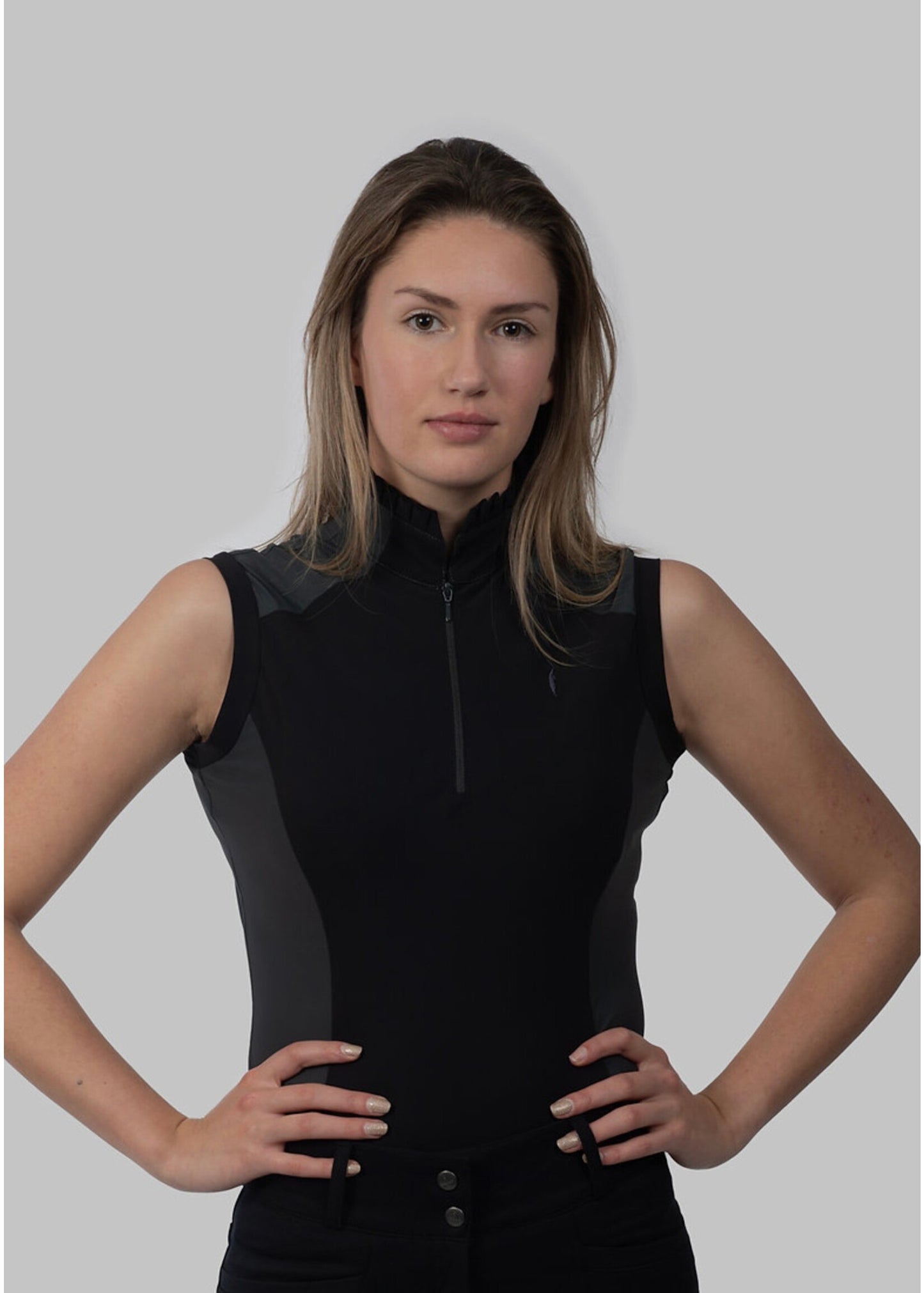 Aviar Sleeveless Zip-up Ruffle Shirt in Black with Anthracite Details