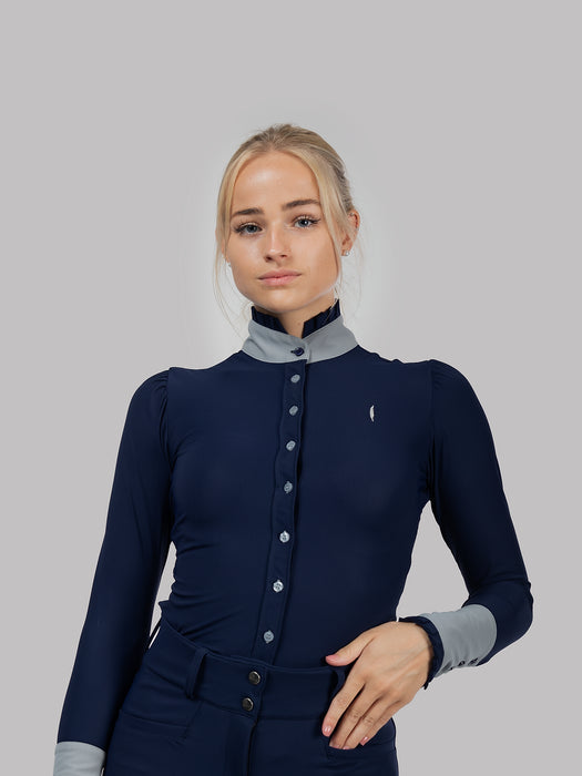 Aviar Long Sleeve Button Ruffle Shirt in Navy with Grey Details