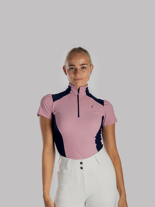 Aviar Short Sleeve Zip-up Ruffle Shirt in Pink with Navy Details