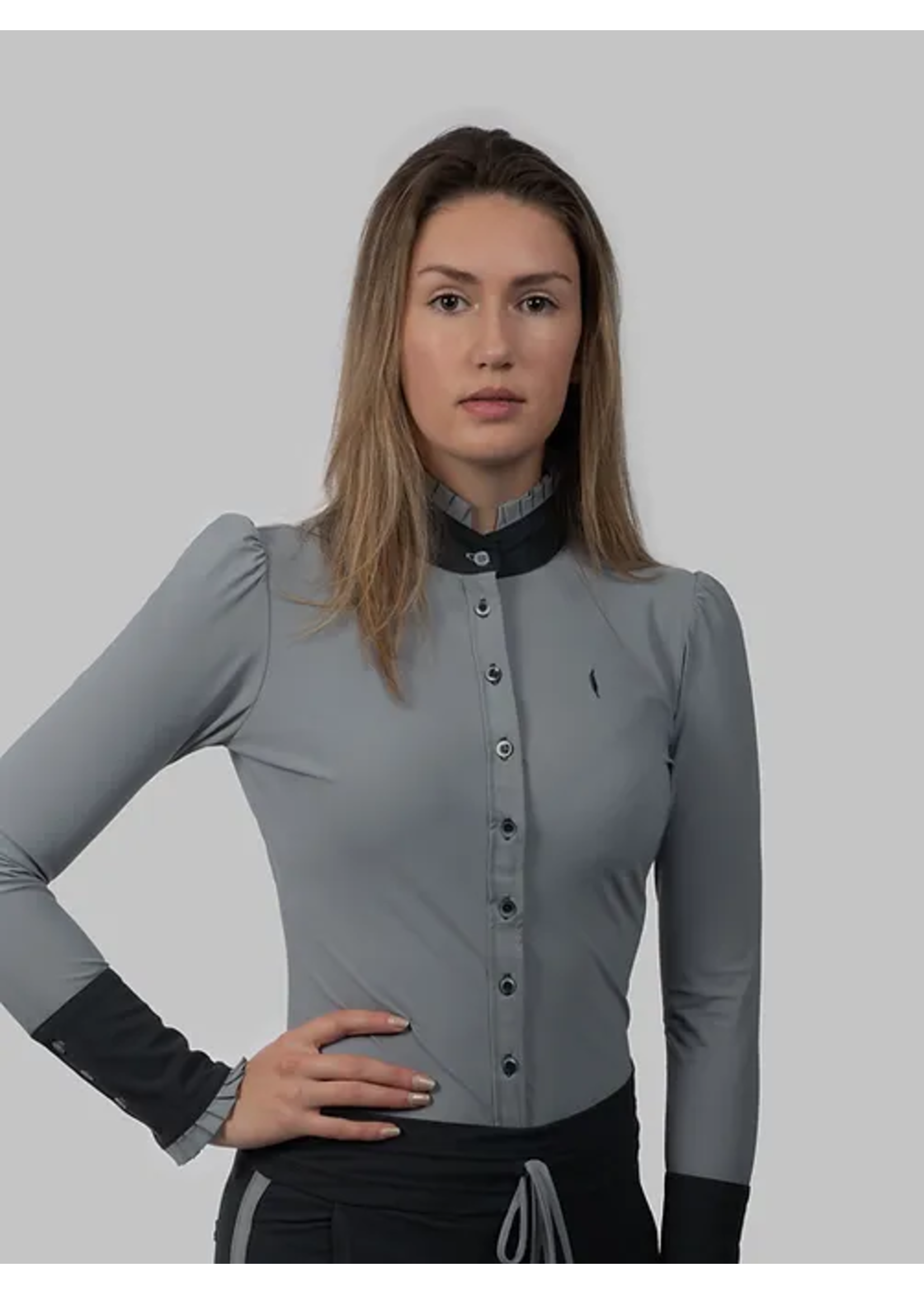 Aviar Long Sleeve Button Ruffle Shirt in Grey with Anthracite Details