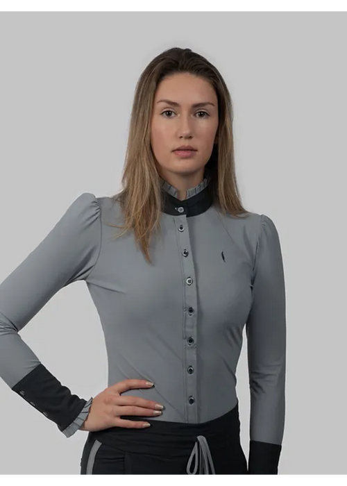 Aviar Long Sleeve Button Ruffle Shirt in Grey with Anthracite Details