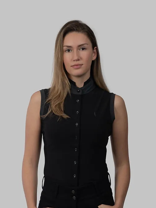 Aviar Sleeveless Button Ruffle Shirt in Black with Anthracite Details