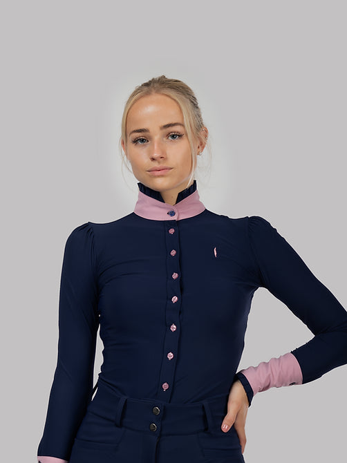 Aviar Long Sleeve Button Ruffle Shirt in Navy with Pink Details