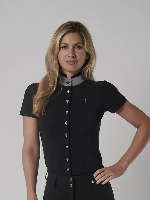 Aviar Short Sleeve Button Ruffle Shirt in Black with Grey Accents