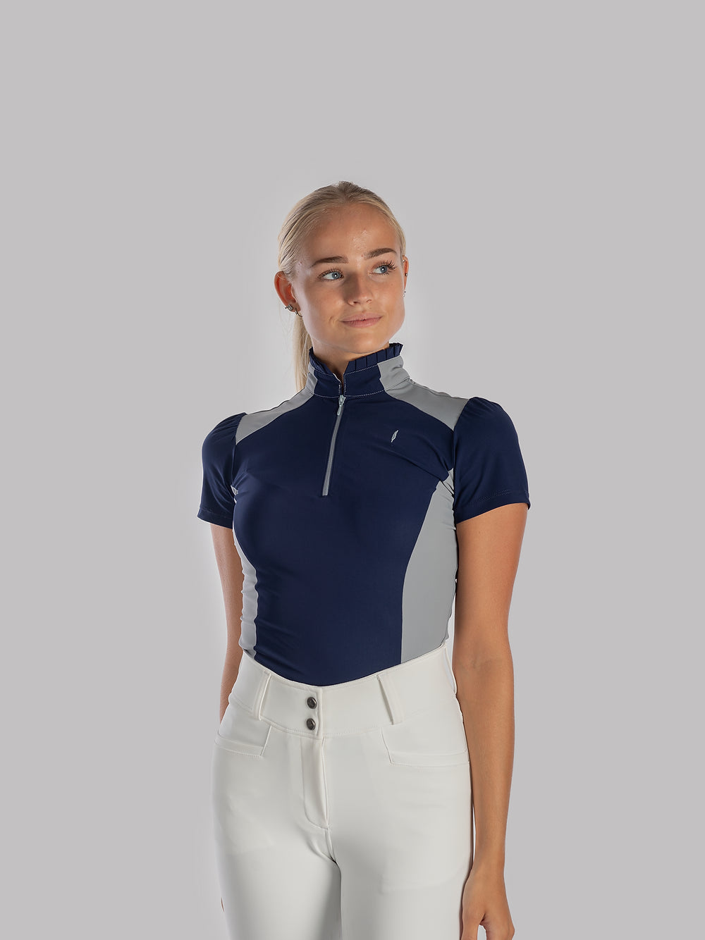 Aviar Short Sleeve Zip-up Ruffle Shirt in Navy with Grey Details