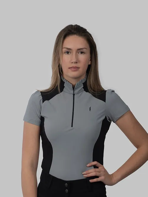 Aviar Short Sleeve Zip-up Ruffle Shirt in Grey with Black Details