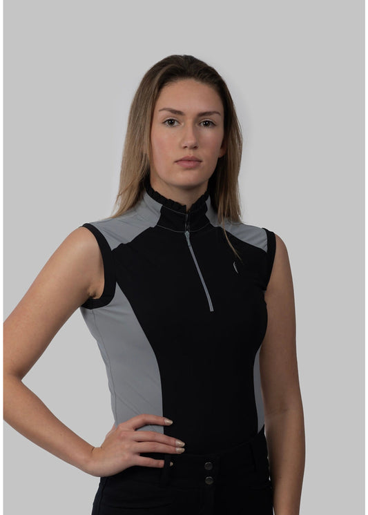 Aviar Sleeveless Zip-up Ruffle Shirt in Black with Grey Details