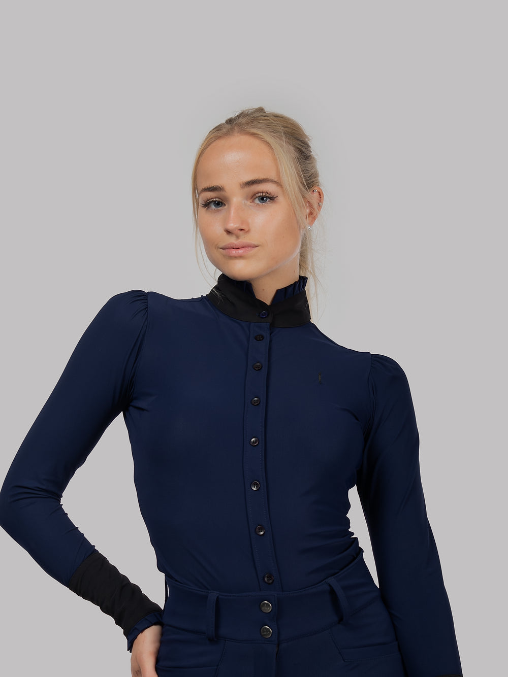 Aviar Long Sleeve Button Ruffle Shirt in Navy with Black Details