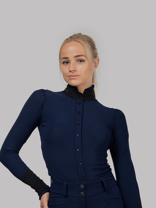 Aviar Long Sleeve Button Ruffle Shirt in Navy with Black Details