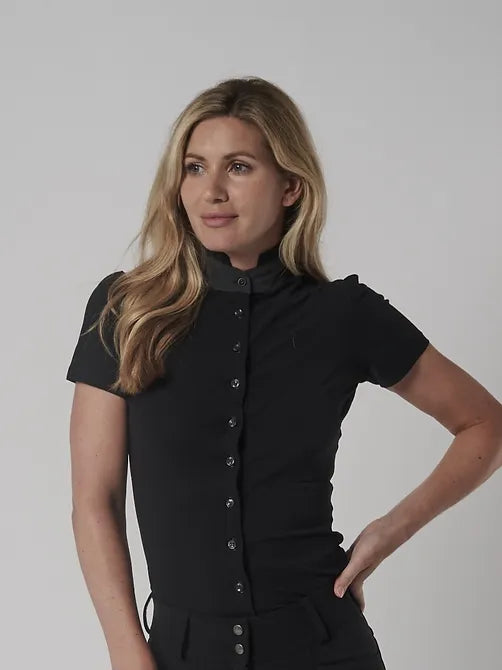 Aviar Short Sleeve Button Ruffle Shirt in Black with Anthracite Details