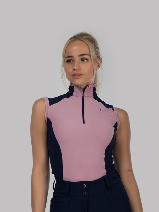 Aviar Sleeveless Zip-up Ruffle Shirt in Pink with Navy Details