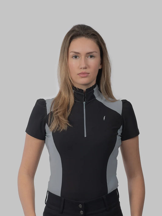 Aviar Short Sleeve Zip-up Ruffle Shirt in Anthracite with Grey Details