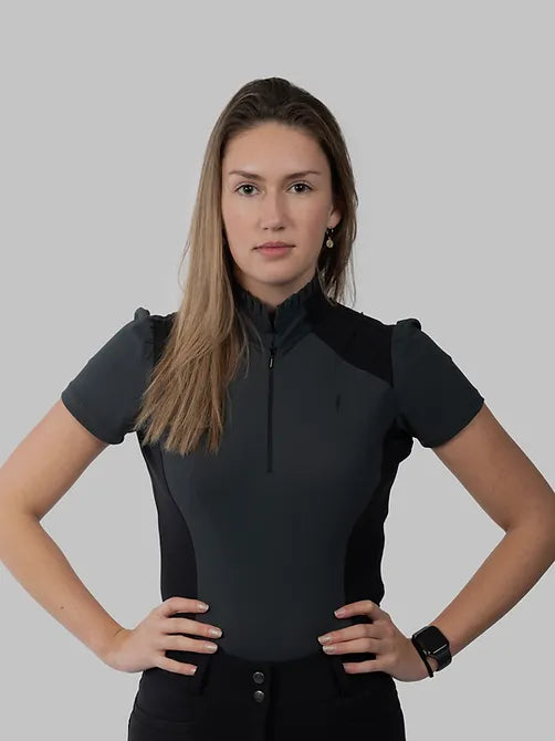 Aviar Short Sleeve Zip-up Ruffle Shirt in Anthracite with Black Details