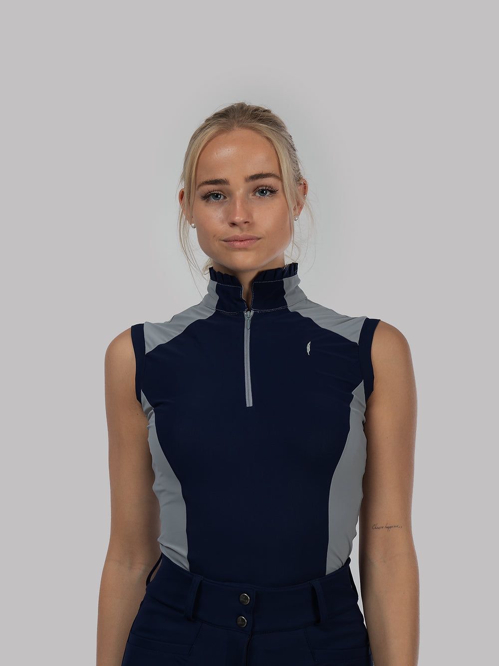 Aviar Sleeveless Zip-up Ruffle Shirt in Navy with Grey Details