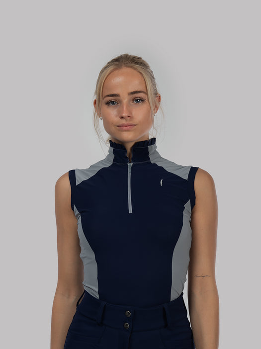 Aviar Sleeveless Zip-up Ruffle Shirt in Navy with Grey Details