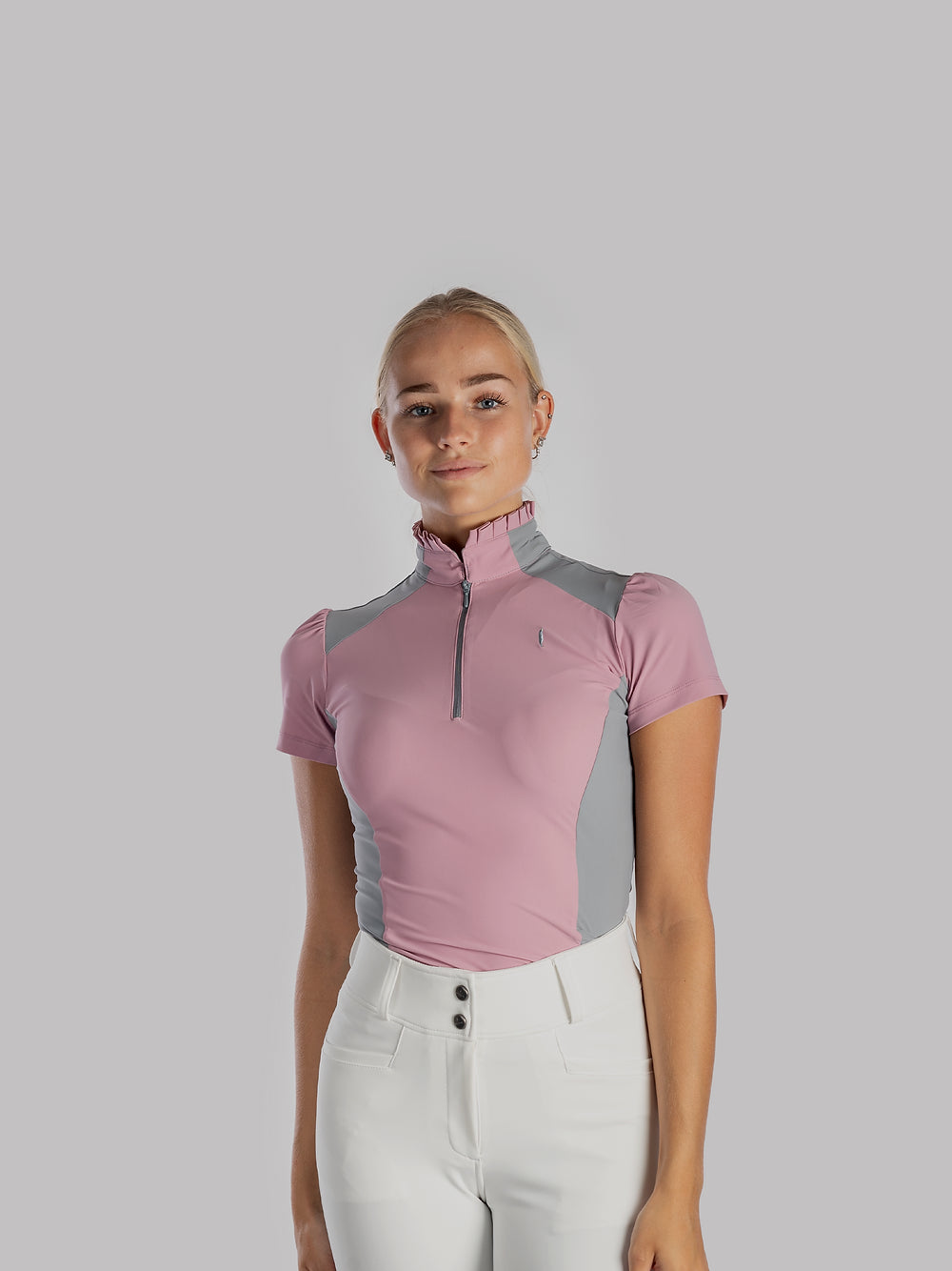 Aviar Short Sleeve Zip-up Ruffle Shirt in Pink with Grey Details
