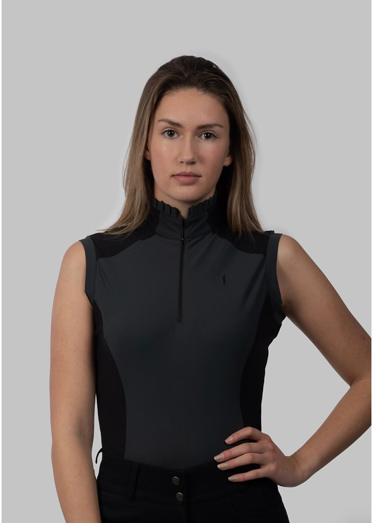Aviar Sleeveless Zip-up Ruffle Shirt in Anthracite with Black Details