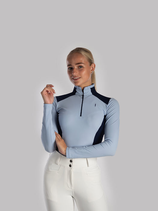 Aviar Long Sleeve Zip-up Ruffle Shirt in Baby Blue with Navy Details