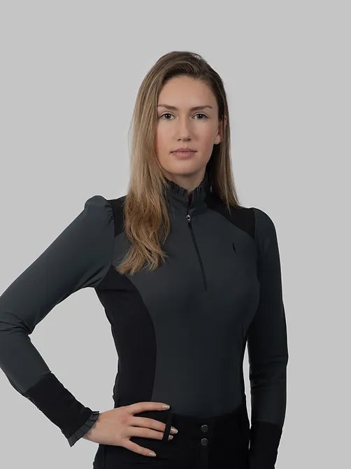 Aviar Long Sleeve Zip-up Ruffle Shirt in Anthracite with Black Details