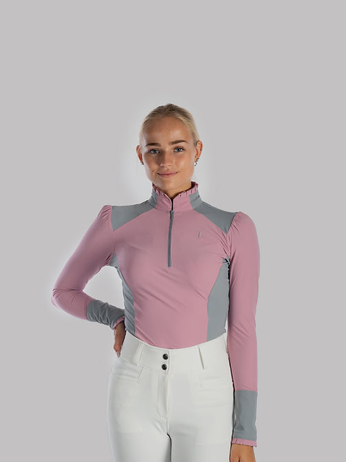 Aviar Long Sleeve Zip-up Ruffle Shirt in Pink with Grey Details