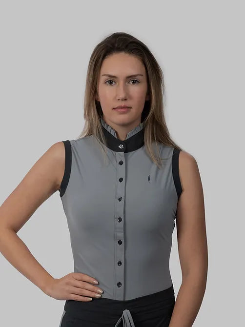 Aviar Sleeveless Button Ruffle Shirt in Grey with Anthracite Details