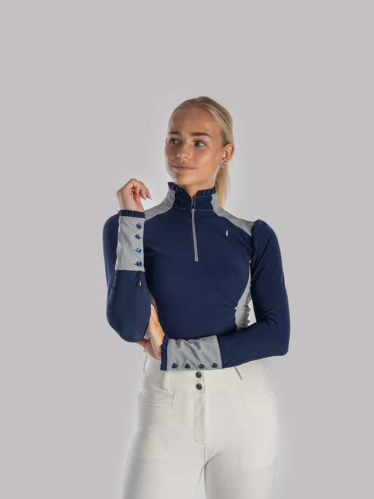 Aviar Long Sleeve Zip-up Ruffle Shirt in Navy with Grey Details